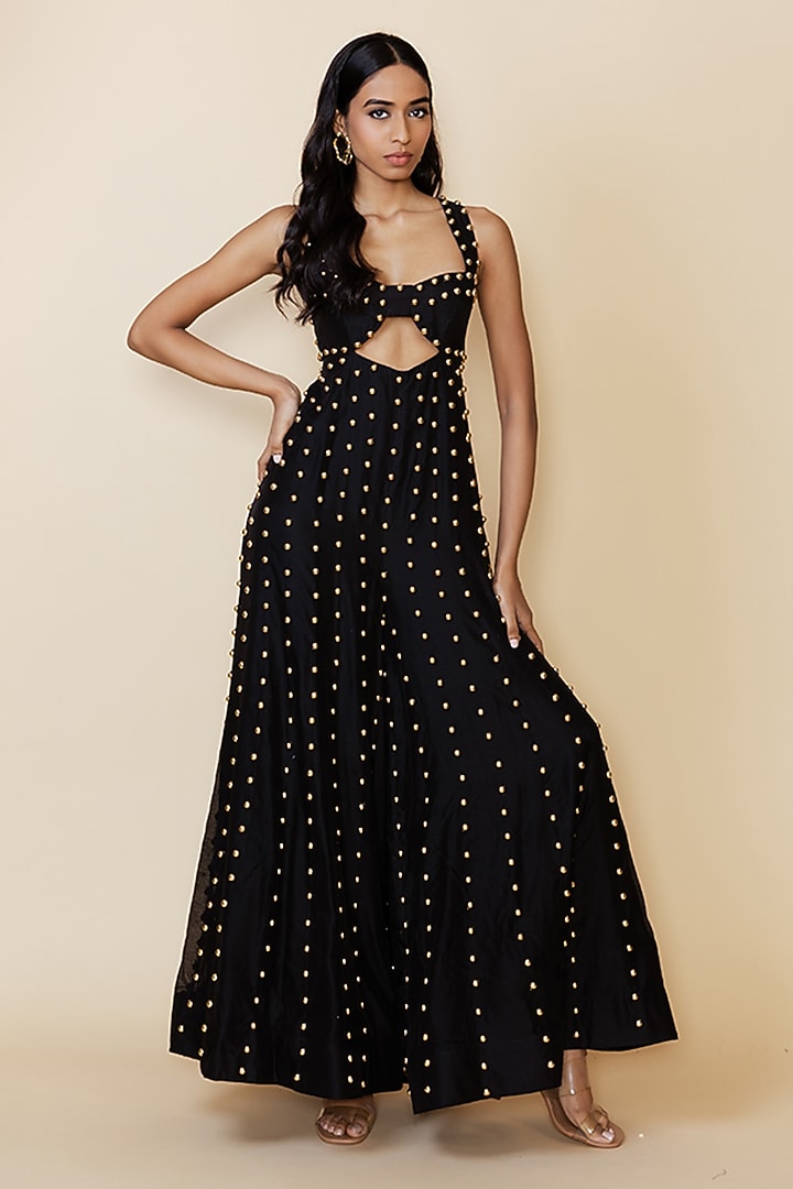 Black Silk Studded Cut-Out Jumpsuit by Maison Blu at Pernia's Pop Up Shop