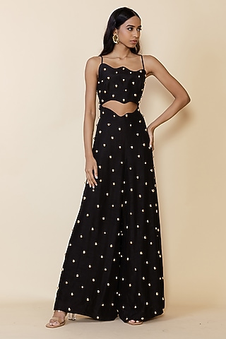 Black Silk Studded Cut-Out Jumpsuit by Maison Blu