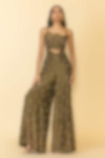 Olive Green Silk Studded Cut-Out Jumpsuit by Maison Blu at Pernia's Pop Up Shop