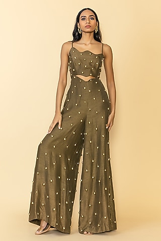 Olive Green Silk Studded Cut-Out Jumpsuit by Maison Blu