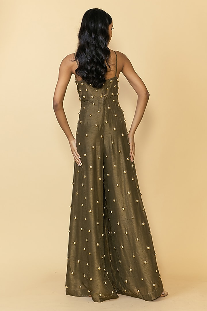 Olive Green Silk Studded Cut-Out Jumpsuit by Maison Blu at Pernia's Pop Up Shop