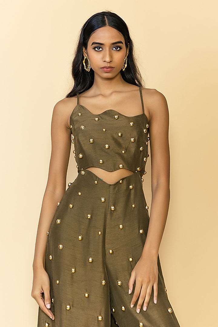 Olive Green Silk Studded Cut-Out Jumpsuit by Maison Blu at Pernia's Pop Up Shop