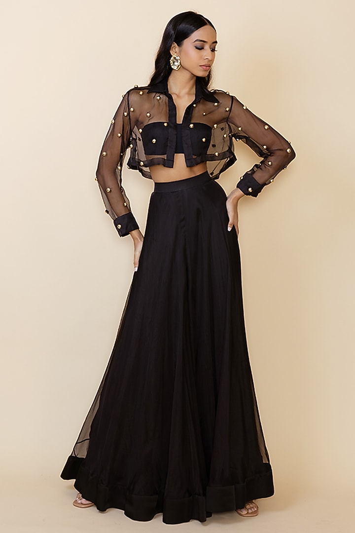 Black Sheer Silk Wedding Sharara Set by Maison Blu at Pernia's Pop Up Shop