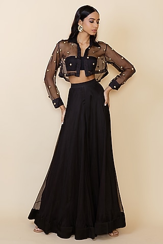 Black Sheer Silk Sharara Set by Maison Blu