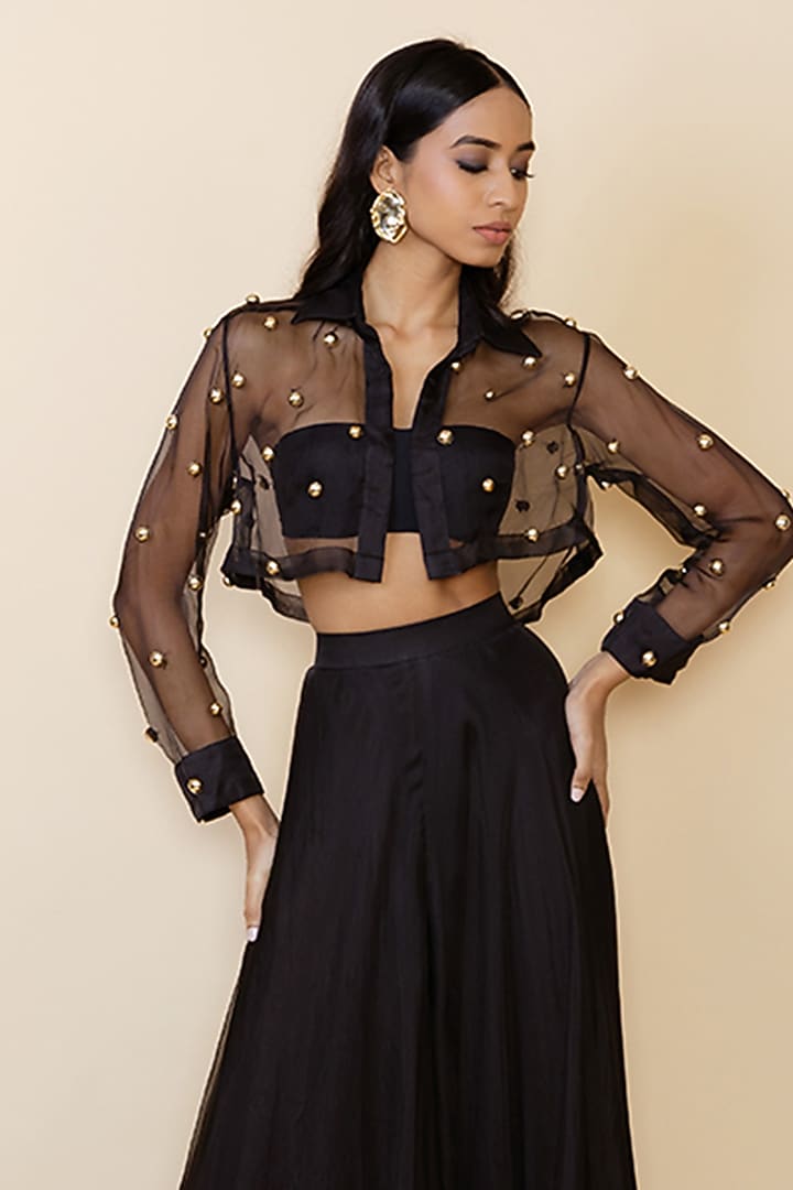 Black Sheer Silk Wedding Sharara Set by Maison Blu at Pernia's Pop Up Shop