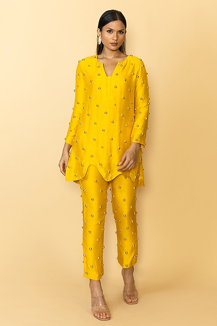 Mango Yellow Silk Studded Kurta Set by Maison Blu at Pernia's Pop Up Shop