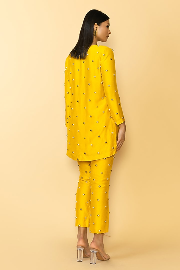Mango Yellow Silk Studded Kurta Set by Maison Blu at Pernia's Pop Up Shop