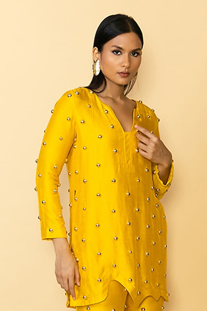Mango Yellow Silk Studded Kurta Set by Maison Blu at Pernia's Pop Up Shop