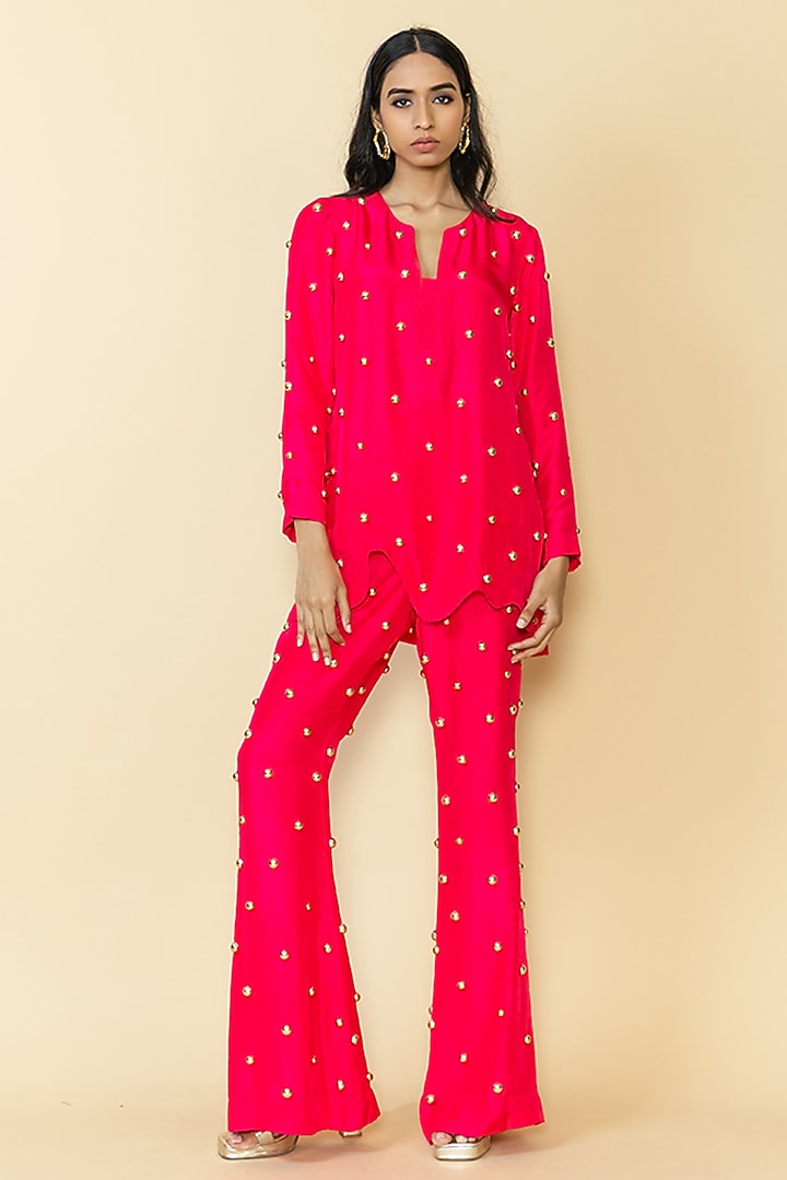 Watermelon Silk Studded Kurta Set by Maison Blu at Pernia's Pop Up Shop