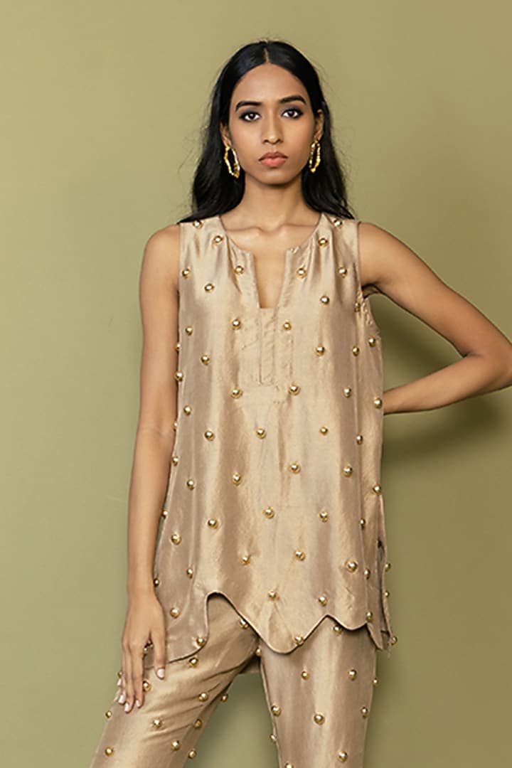 Nude Silk Studded Kurta Set by Maison Blu at Pernia's Pop Up Shop