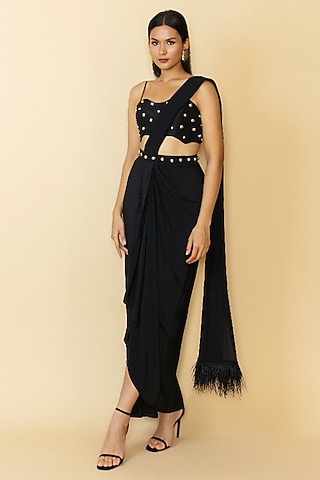Black Crepe Feather Pre-Draped Saree Set by Maison Blu