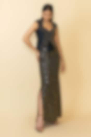 Black Sheer Silk Studded Skirt Set by Maison Blu at Pernia's Pop Up Shop