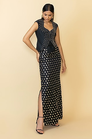 Black Sheer Silk Studded Skirt Set by Maison Blu