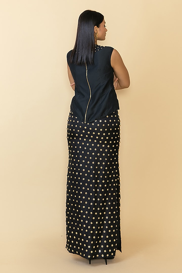 Black Sheer Silk Studded Skirt Set by Maison Blu at Pernia's Pop Up Shop
