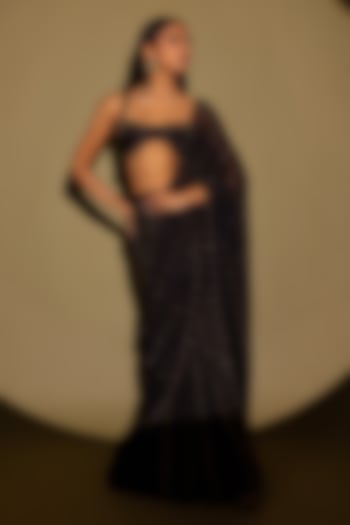 Black Georgette Studded Pre-Draped Reception Saree Set by Maison Blu at Pernia's Pop Up Shop