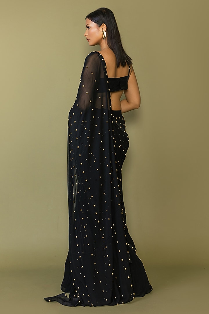 Black Georgette Studded Pre-Draped Reception Saree Set by Maison Blu at Pernia's Pop Up Shop