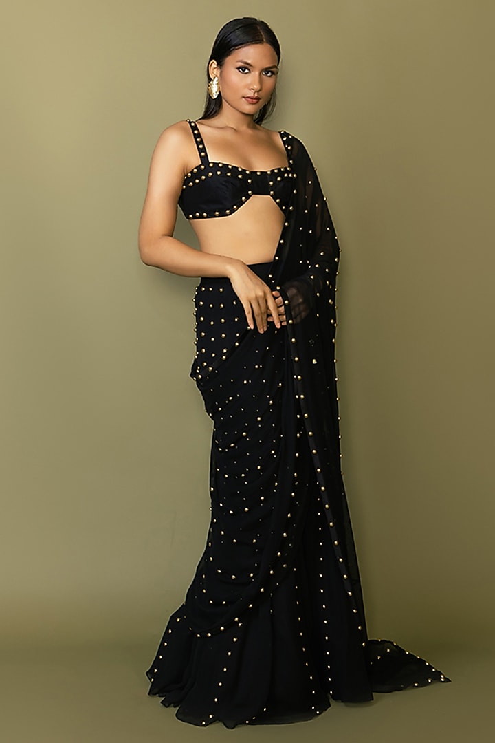 Black Georgette Studded Pre-Draped Reception Saree Set by Maison Blu at Pernia's Pop Up Shop