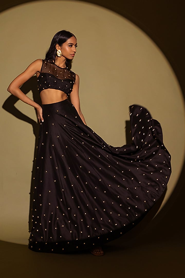 Black Silk Studded Wedding Lehenga Set by Maison Blu at Pernia's Pop Up Shop