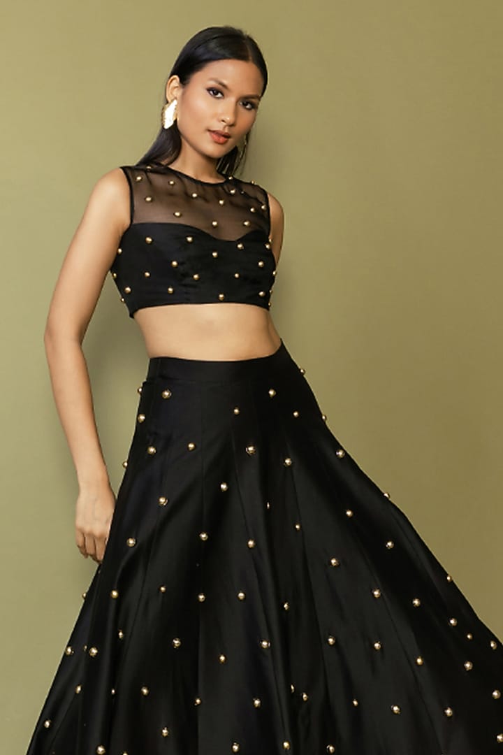 Black Silk Studded Wedding Lehenga Set by Maison Blu at Pernia's Pop Up Shop