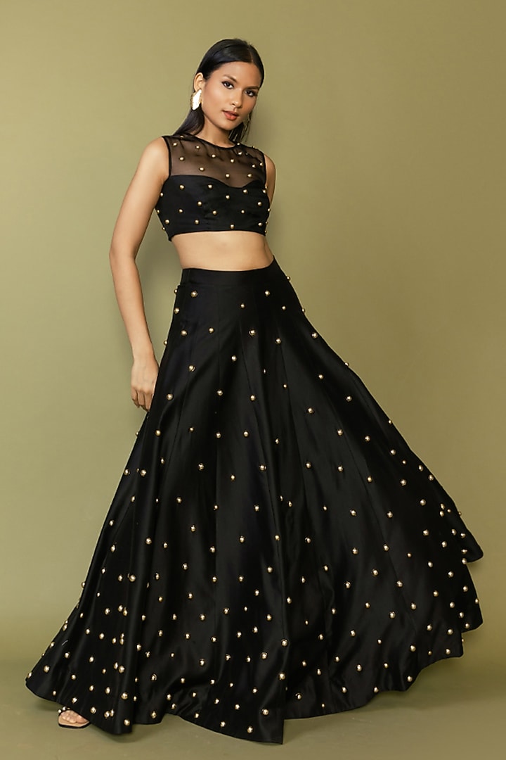 Black Silk Studded Wedding Lehenga Set by Maison Blu at Pernia's Pop Up Shop