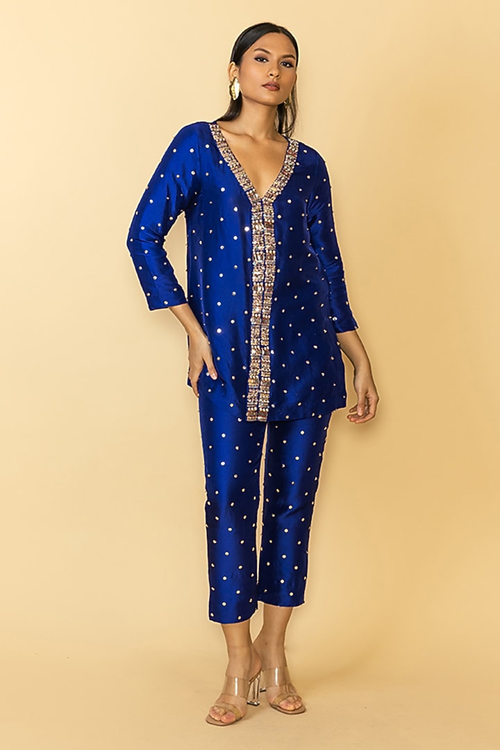 Blue Silk Sequins Work Kurta Set by Maison Blu at Pernia's Pop Up Shop