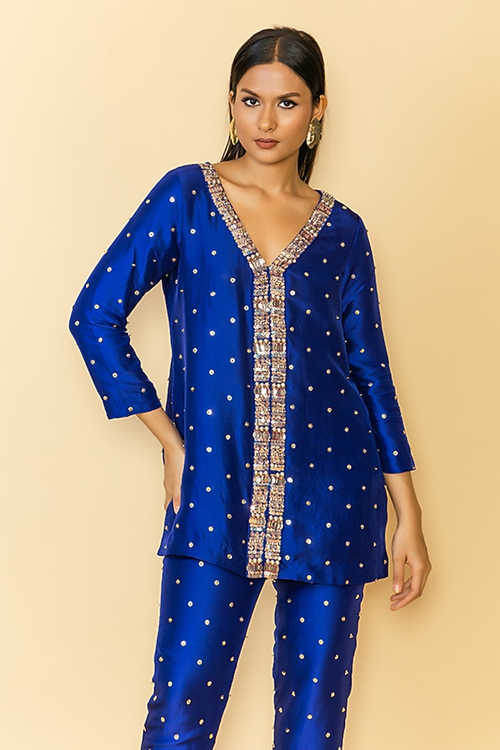 Blue Silk Sequins Work Kurta Set by Maison Blu at Pernia's Pop Up Shop