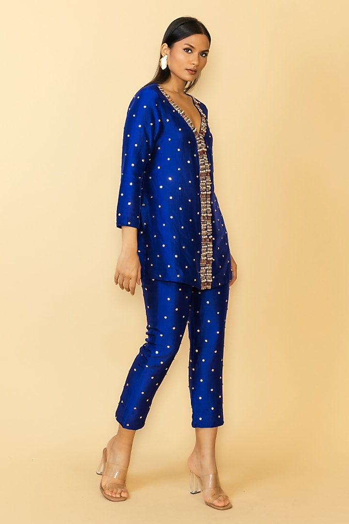 Blue Silk Sequins Work Kurta Set by Maison Blu at Pernia's Pop Up Shop
