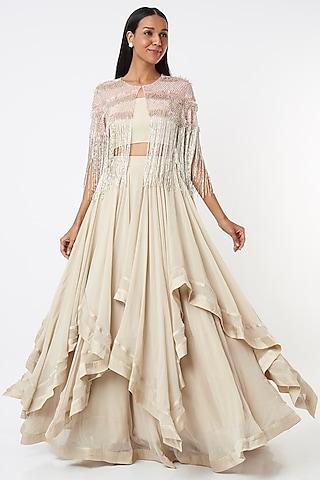 Beige Tasselled Cape Set by Maison Blu