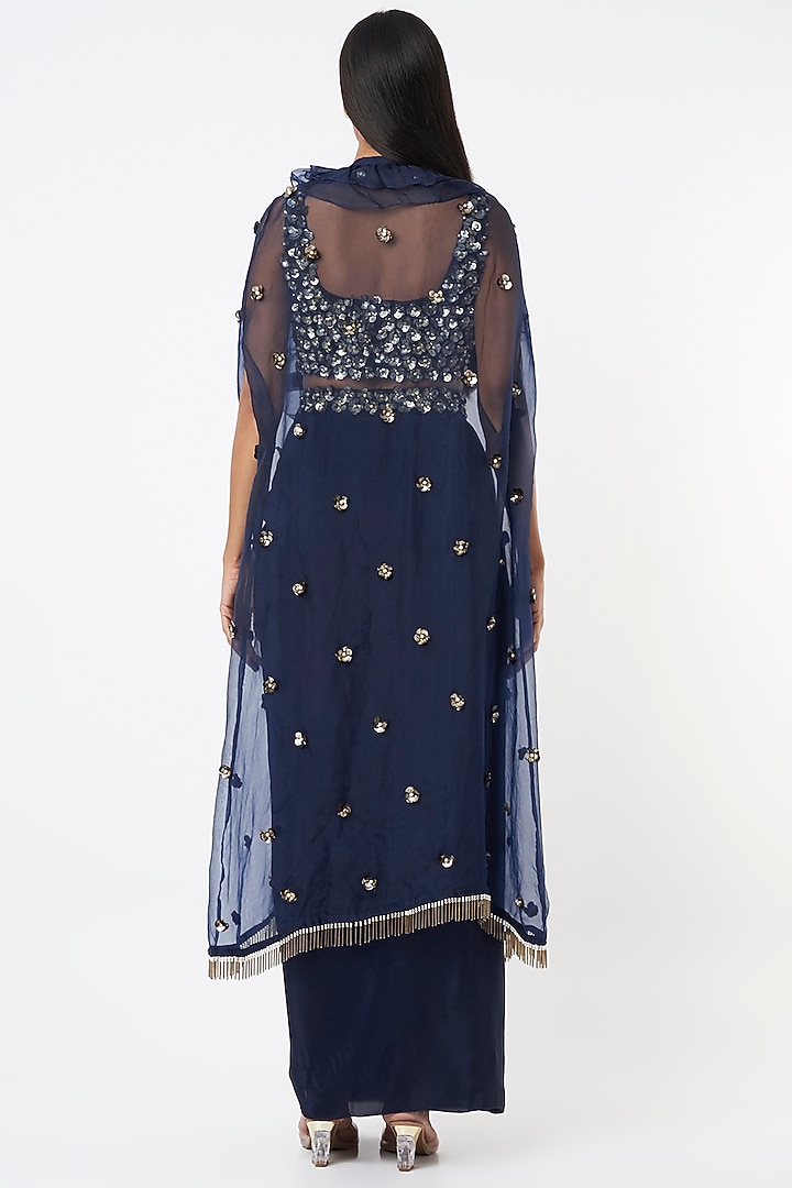 Midnight Blue Tasselled Ruffled Cape Set by Maison Blu at Pernia's Pop Up Shop