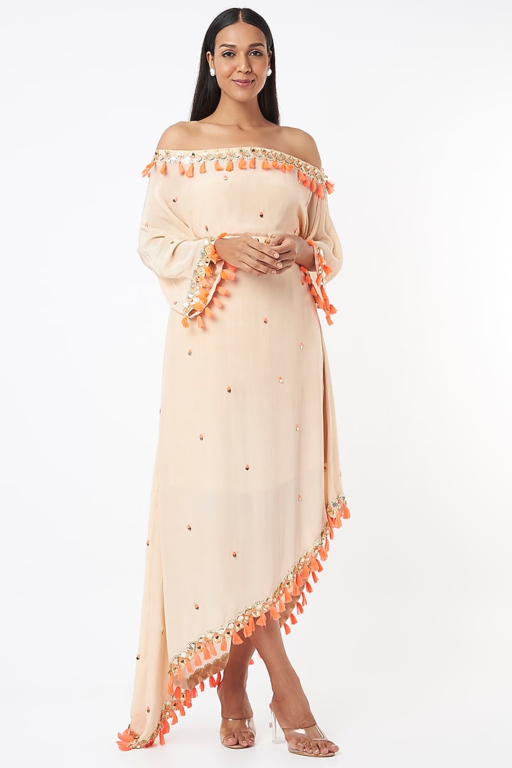 Peach Tasselled Off-Shoulder Cocktail Dress by Maison Blu at Pernia's Pop Up Shop