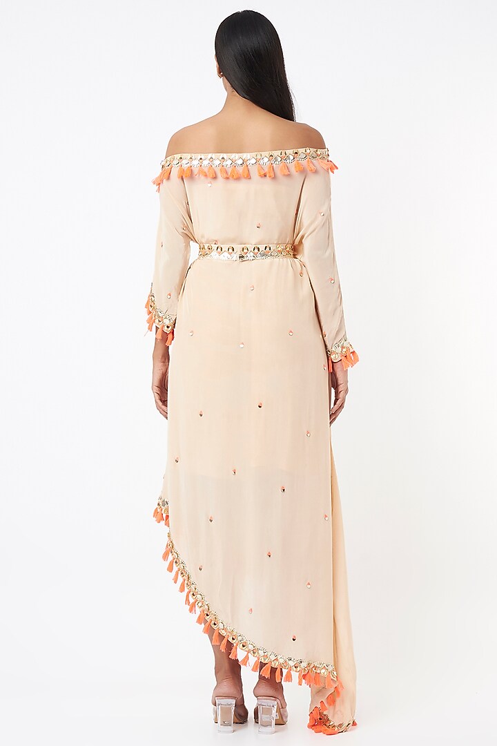 Peach Tasselled Off-Shoulder Cocktail Dress by Maison Blu at Pernia's Pop Up Shop
