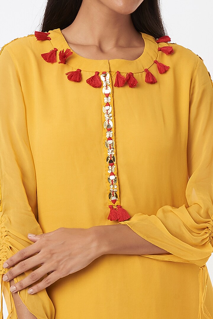 Mustard Tasselled Kurta Set by Maison Blu at Pernia's Pop Up Shop