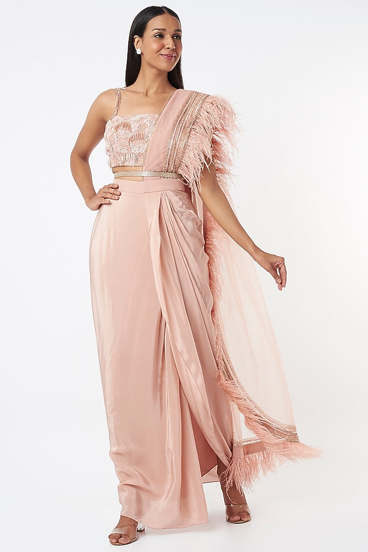 Blush Pink Crepe Draped Wedding Saree Set by Maison Blu at Pernia's Pop Up Shop