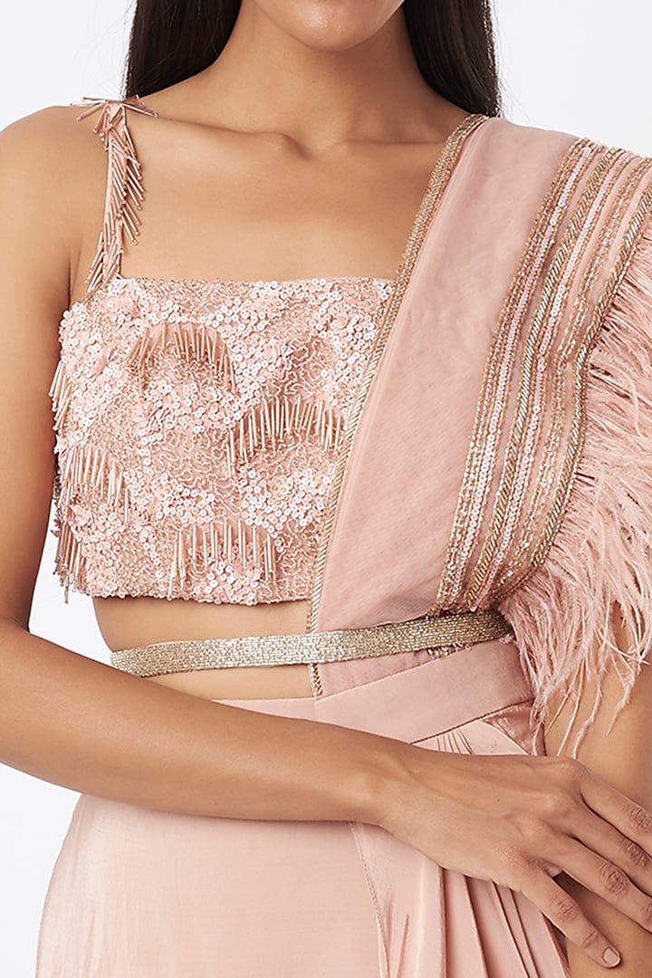Blush Pink Crepe Draped Wedding Saree Set by Maison Blu at Pernia's Pop Up Shop