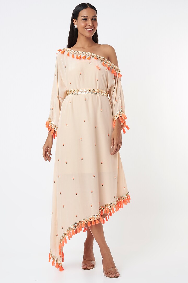 Peach Tasselled Off-Shoulder Cocktail Dress by Maison Blu at Pernia's Pop Up Shop
