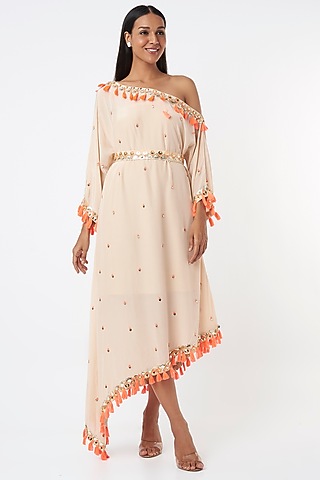 Peach Tasselled Off-Shoulder Dress by Maison Blu