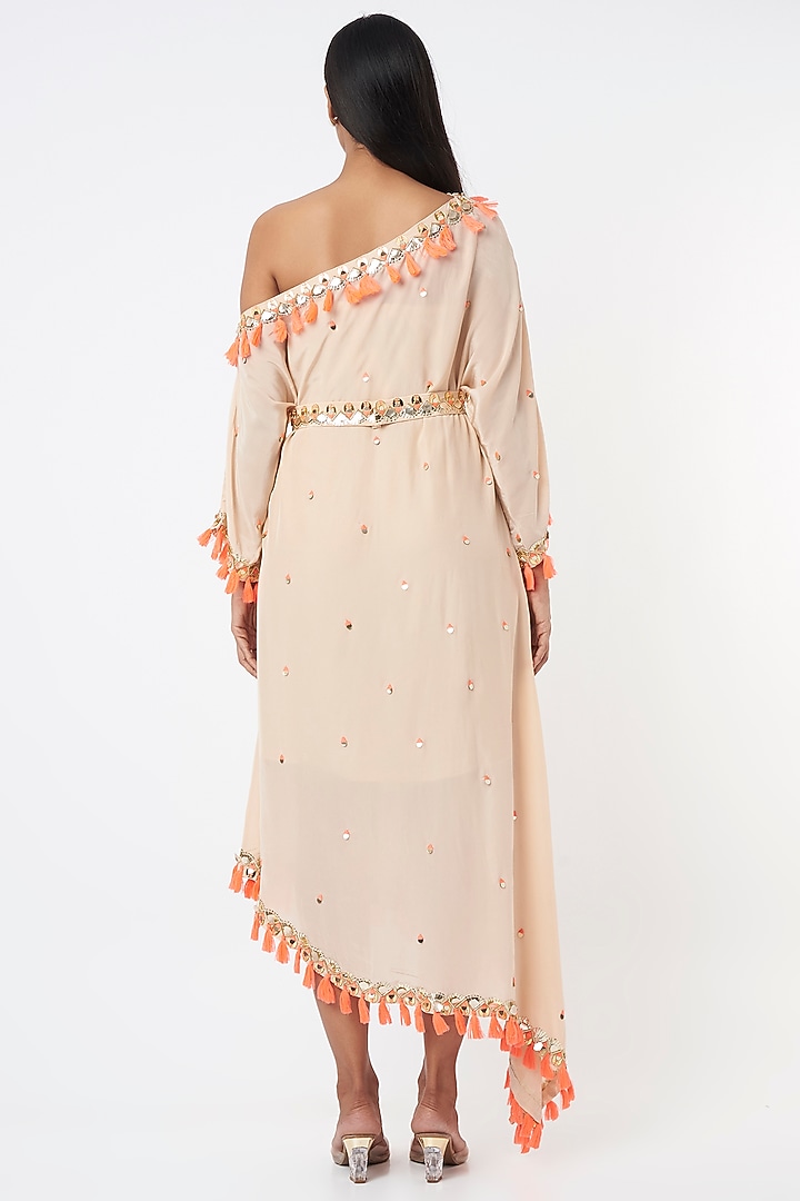 Peach Tasselled Off-Shoulder Cocktail Dress by Maison Blu at Pernia's Pop Up Shop