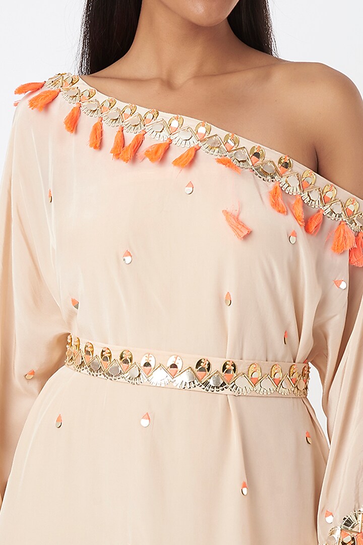 Peach Tasselled Off-Shoulder Cocktail Dress by Maison Blu at Pernia's Pop Up Shop