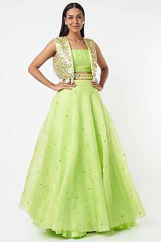 Neon Green Tasseled Jacket Set by Maison Blu