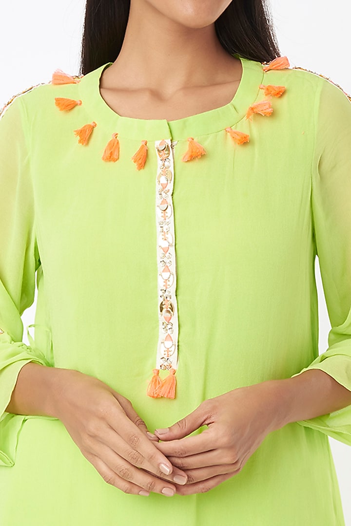 Lime Tasselled Kurta Set by Maison Blu at Pernia's Pop Up Shop