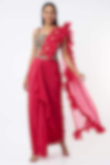 Red Crepe Ruffled Draped Saree Set by Maison Blu