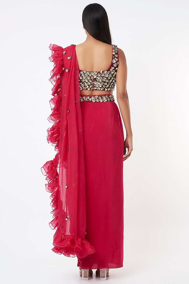 Red Crepe Ruffled Draped Wedding Saree Set by Maison Blu at Pernia's Pop Up Shop