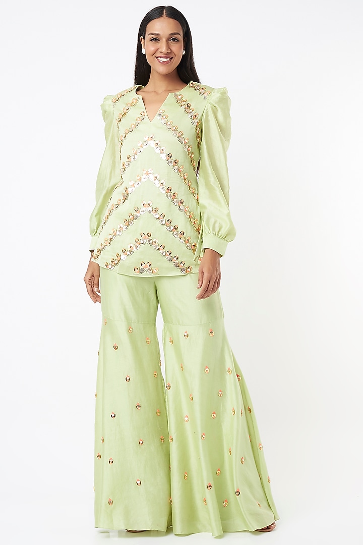 Pista Chanderi Silk Gharara Set by Maison Blu at Pernia's Pop Up Shop