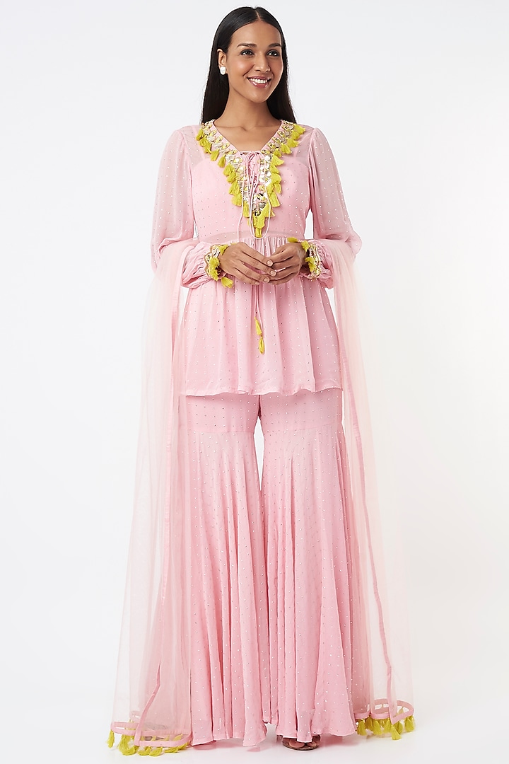 Blush Pink Foil Georgette Sharara Set by Maison Blu