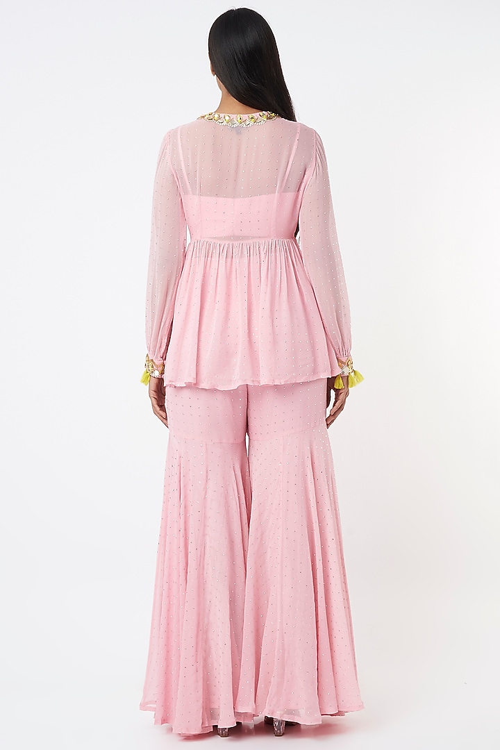 Blush Pink Foil Georgette Wedding Sharara Set by Maison Blu at Pernia's Pop Up Shop
