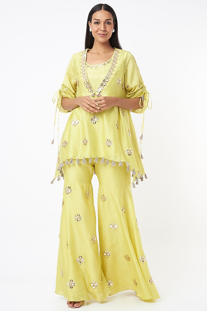 Yellow Sharara Set With Butti Work by Maison Blu