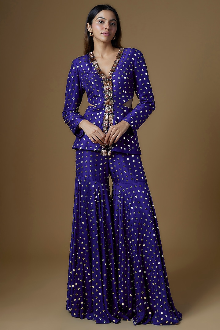 Blue Dupion Silk Tikki Embroidered Gharara Set by Maison Blu at Pernia's Pop Up Shop