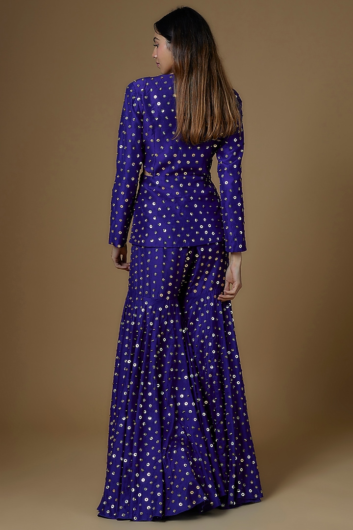 Blue Dupion Silk Tikki Embroidered Gharara Set by Maison Blu at Pernia's Pop Up Shop