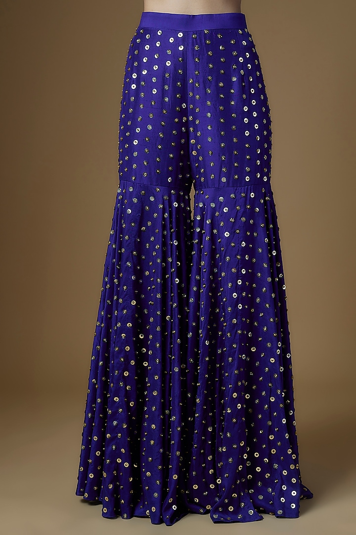 Blue Dupion Silk Tikki Embroidered Gharara Set by Maison Blu at Pernia's Pop Up Shop