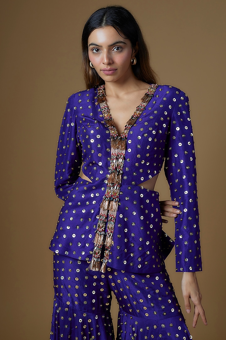 Blue Dupion Silk Tikki Embroidered Gharara Set by Maison Blu at Pernia's Pop Up Shop